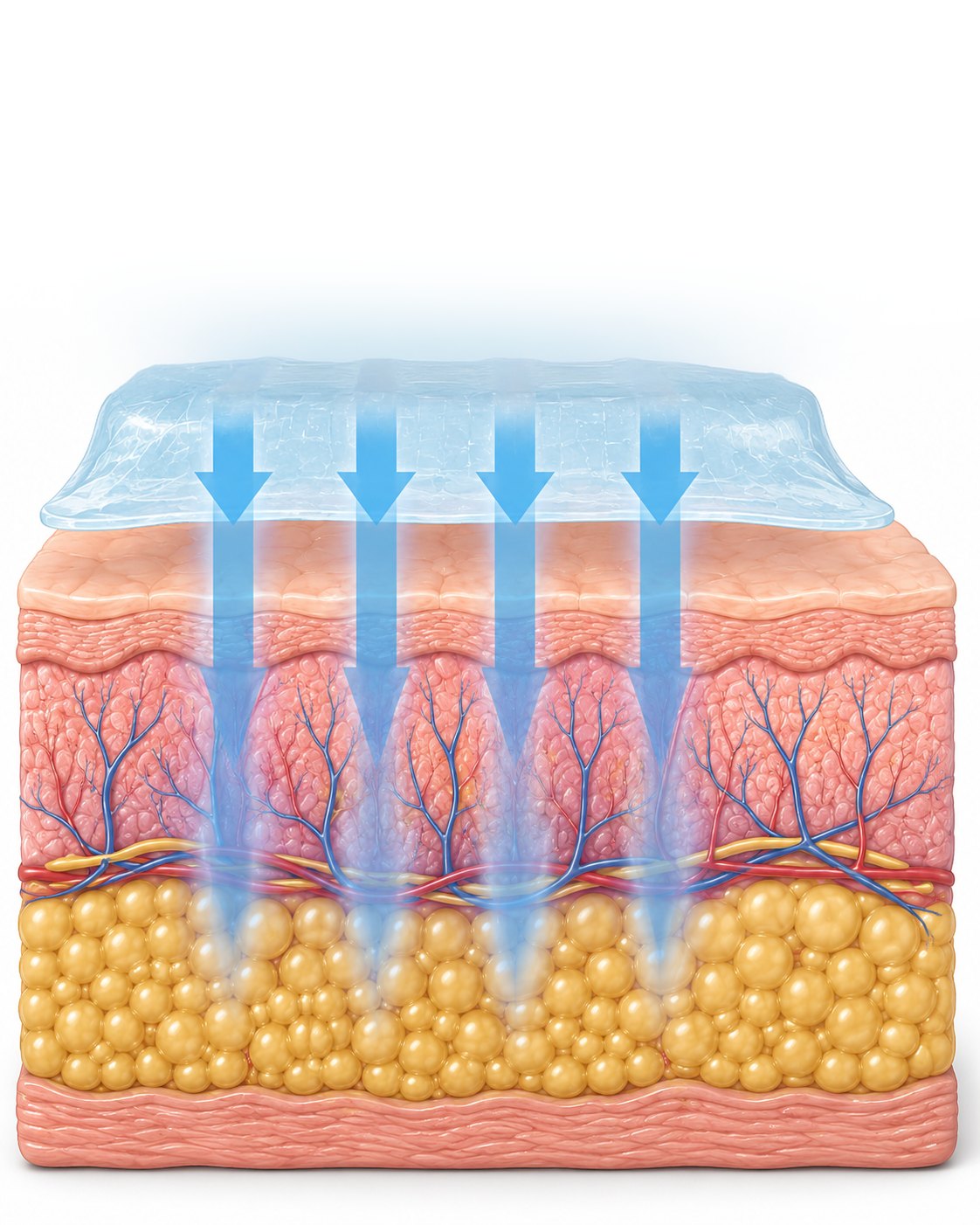POLARSKIN anti-freezing membrane in use: cooling applicator, protective membrane and skin cross-section